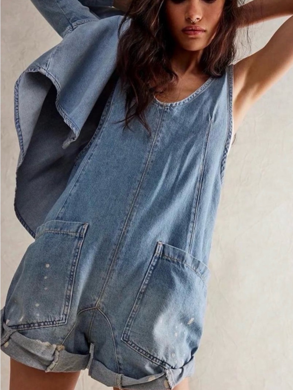 We The Free Washed Blue Denim Short Overalls